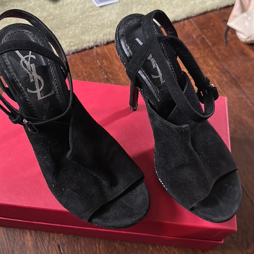 Black YSL ankle wrap heels.